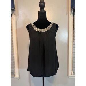 ESTAM Beaded Neck Blouse Black Sleeveless Elegant Chic Party Top S